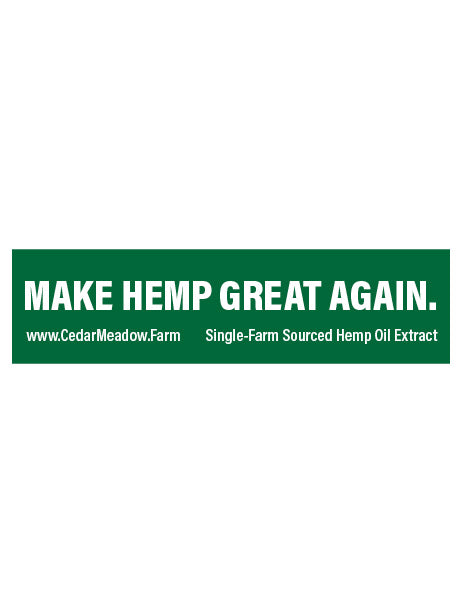 "Make Hemp Great Again" sticker-Hemp is an amazing plant, and it's time more people knew!
Be an advocate for hemp and a brand ambassador for Cedar Meadow Farm with this cool sticker. 
3" x 11.5"-Cedar Meadow Farm